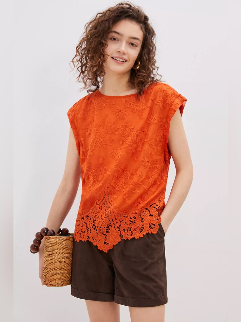 Anthropologie TINY Kerri Lace Blouse Rust Orange Floral Embroidered Crochet Sz M